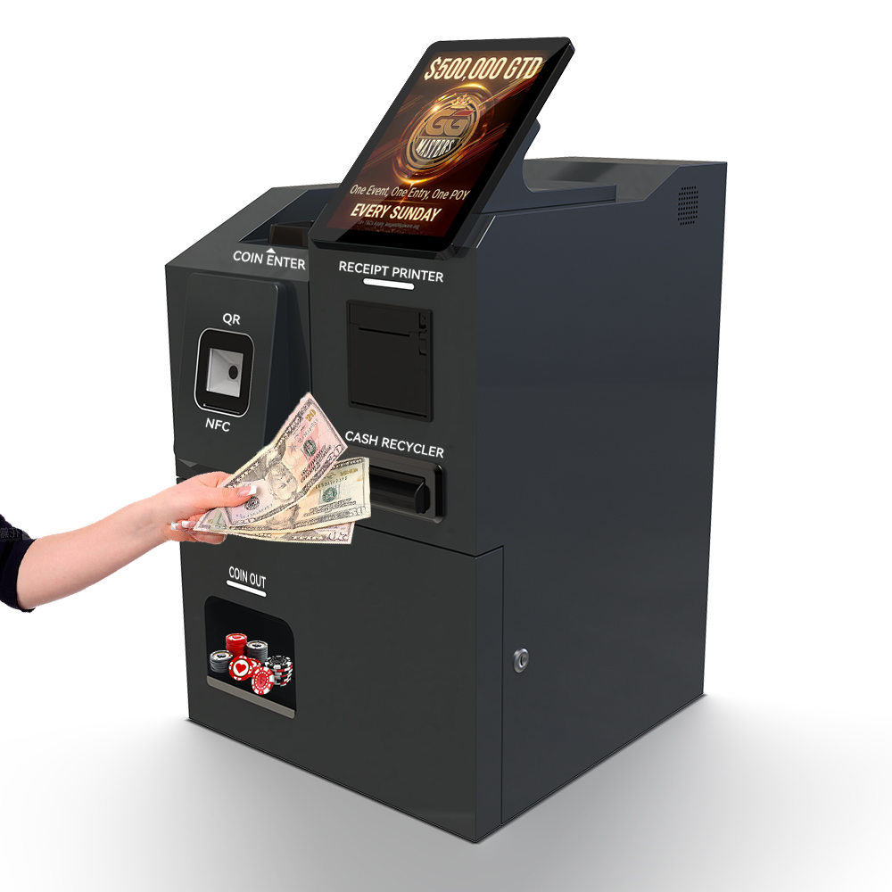 Floor-standing cash payment kiosk with banknote acceptor and coin dispenser